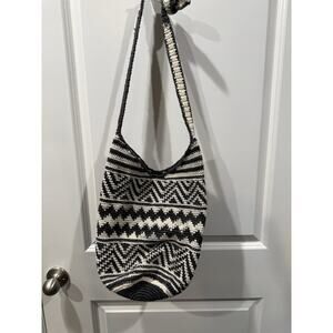 Boho Crochet Shoulder Bag Black White Knit Hobo Slouchy Zip Purse